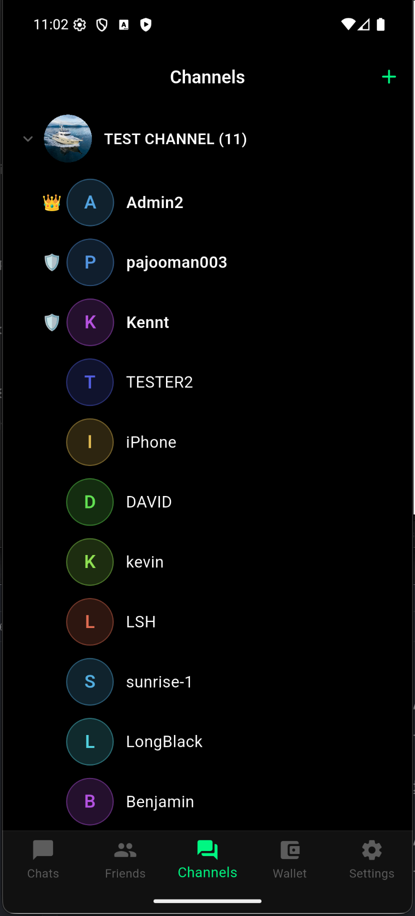 SnowChat channel member roster showing roles — owner crown, moderator shields, and regular members
