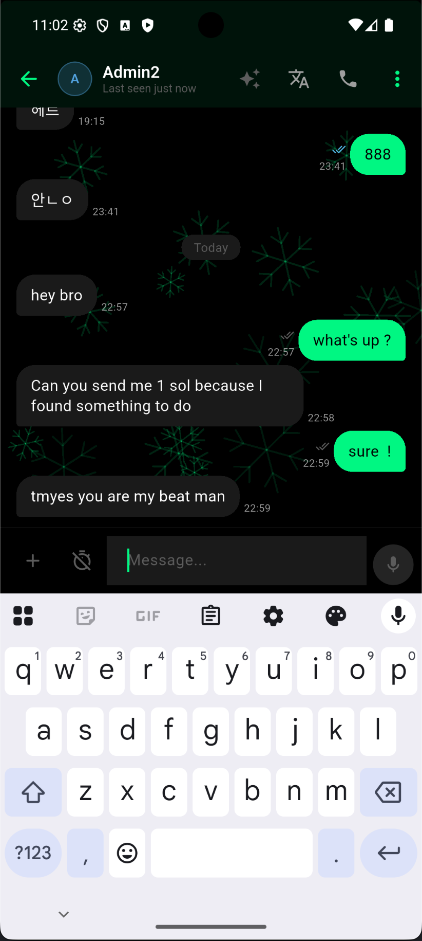 SnowChat encrypted 1:1 chat with snowflake background and green message bubbles