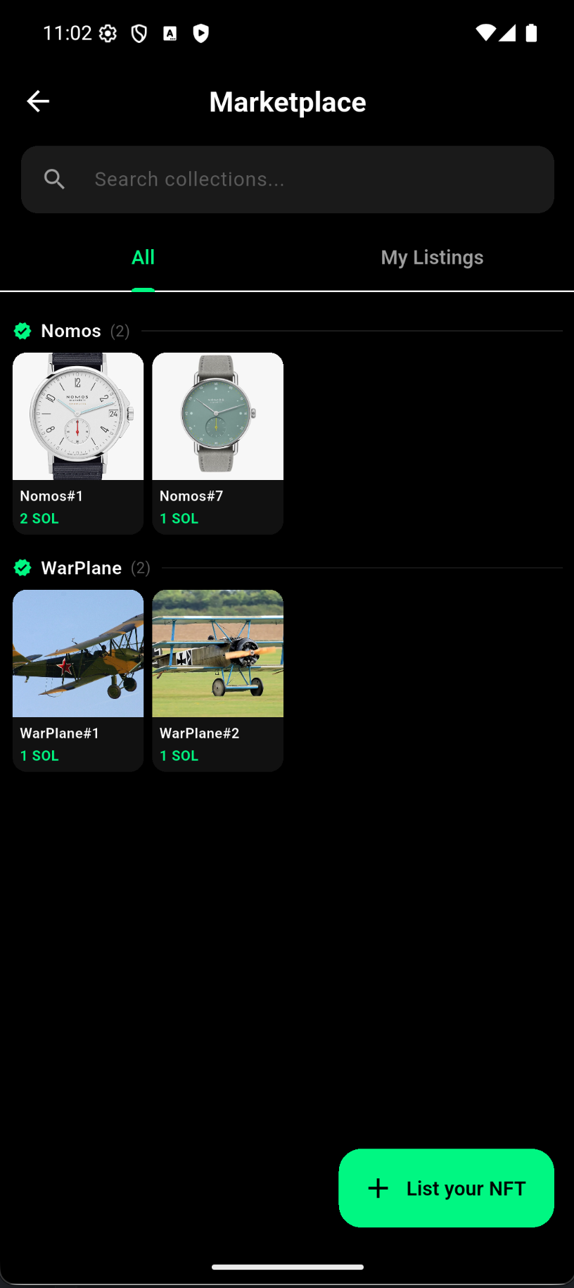 SnowChat on-chain NFT marketplace with Nomos and WarPlane collections and List your NFT button