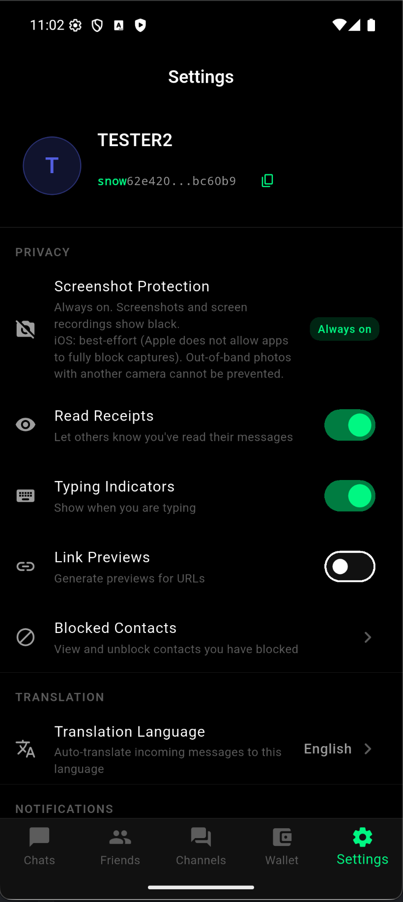 SnowChat privacy settings showing Screenshot Protection toggled Always on