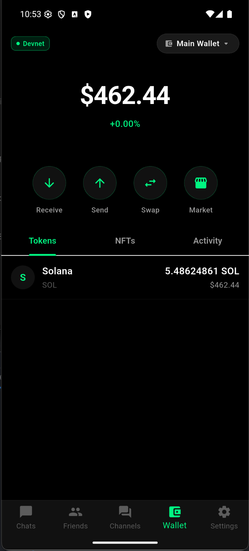 SnowChat Solana wallet showing balance, Receive Send Swap Market actions, and Solana token holding